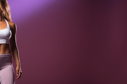 Fitness woman in sportswear on purple background. Copy space., a Sports & Recreation Photo by AS photostudio