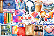 Watercolor Office Time Clipart, an Illustration by Canvas Craft (Thumbnail 1 of 7)
