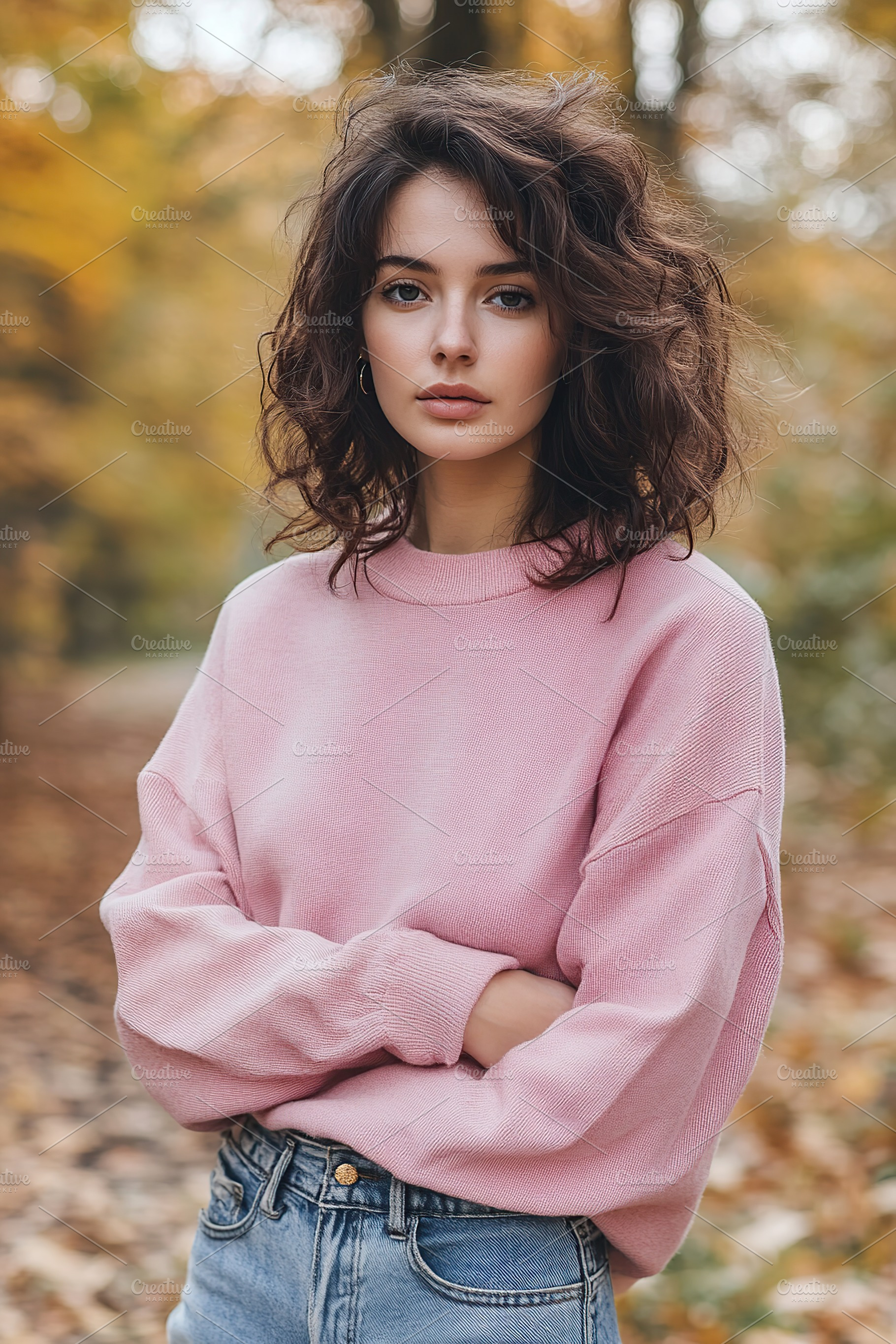 Young charming woman wearing in pink sweater in autumn park, a Person Photo by AlyaAnd