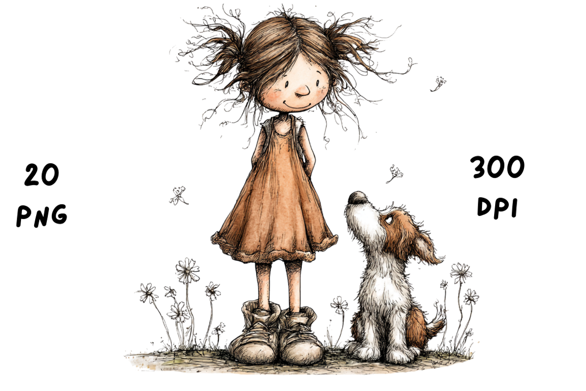 Whimsical Floral Girl and Puppy, an Animal Illustration by GiraffeCreative (Photo 6 of 20)