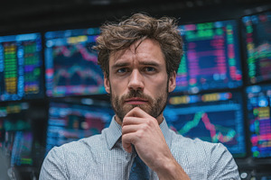 Stock trader contemplating market da, a Photo by Pixeness Studio