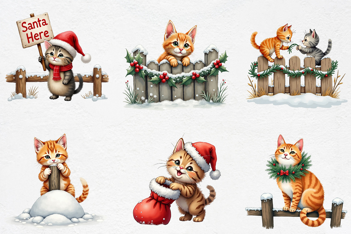 Watercolor Christmas Cat on Fence, an Illustration by CrexoraLab (Photo 1 of 4)