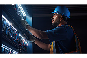 ladder tradesman blue collar worker, an Industrial Photo by pikepicture