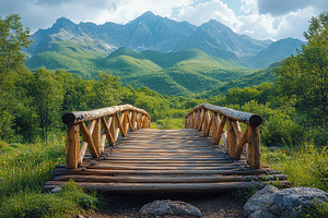 Wooden bridge on green forest and mountains background, a Nature Photo by AlyaAnd