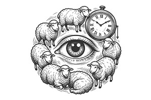 Sheep Clock And Watching Eye Symbol, an Animal Illustration by AlexArt