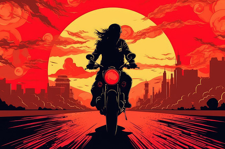biker on a motorcycle rides off into the sunset, a Photo by Pictures for you!!!!!!!!!