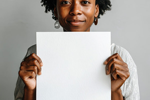 Woman holding white paper in soft lighting, a Person Photo by AlyaAnd