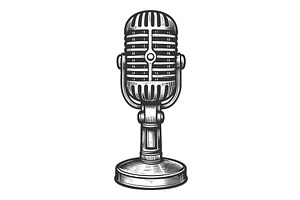 Retro Microphone engraving vector, an Object Illustration by AlexArt