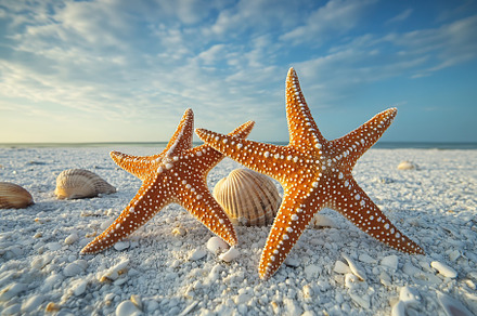 Starfish standing on white sandy beach under blue sky with clouds during daylig, an Animal Photo by AlyaAnd