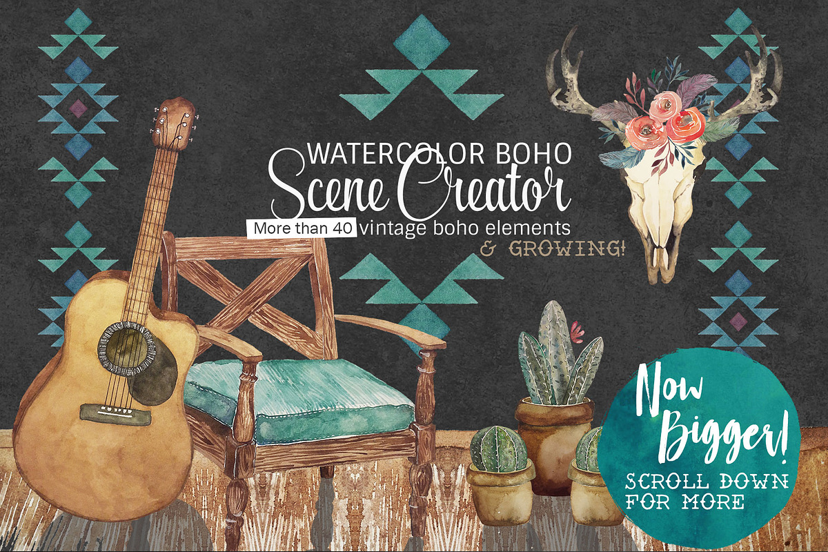 Boho Scene Creator (Watercolor), an Illustration by Curve and Pixel (Photo 1 of 7)