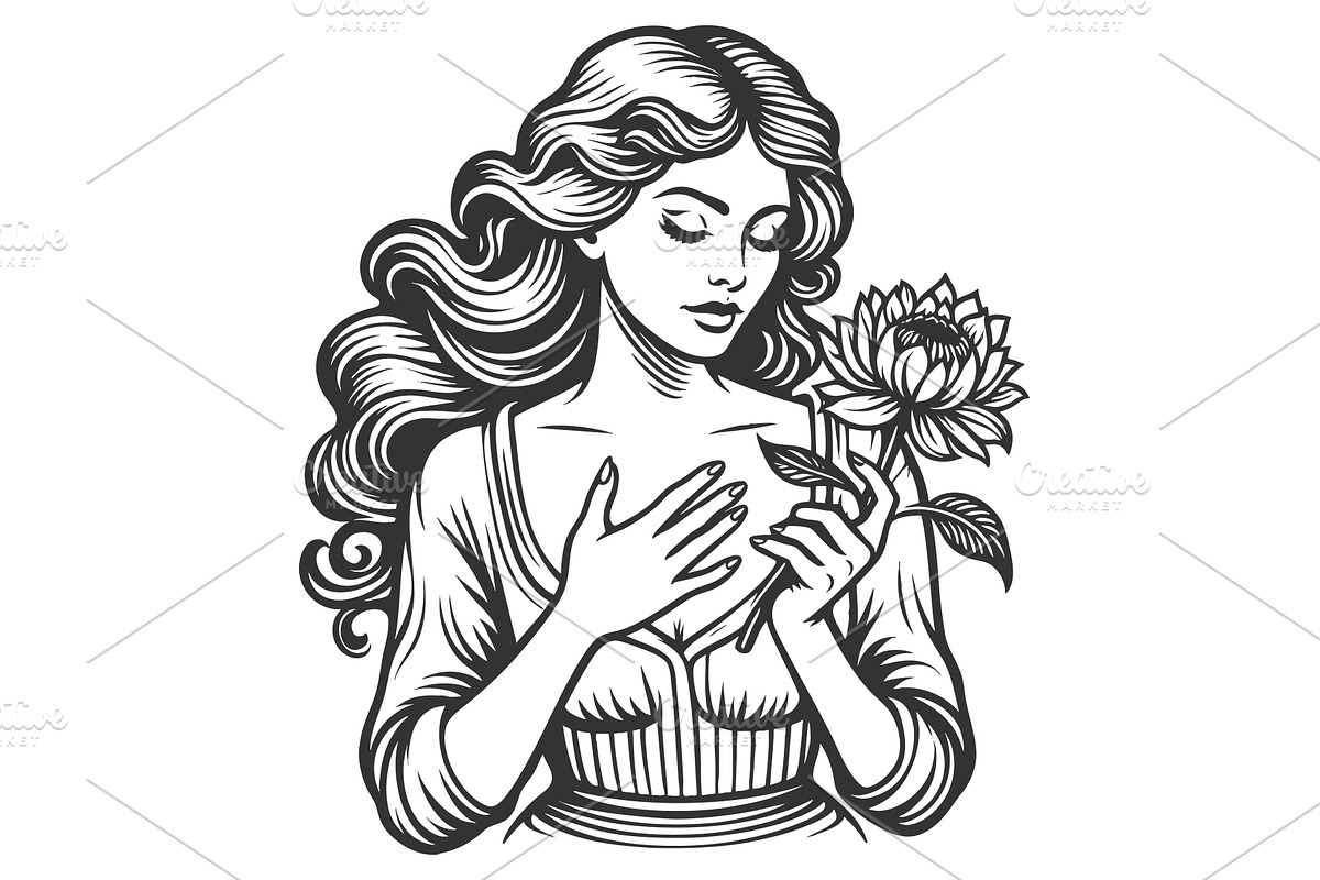 woman holding flower to heart vector, a Person Illustration by AlexArt