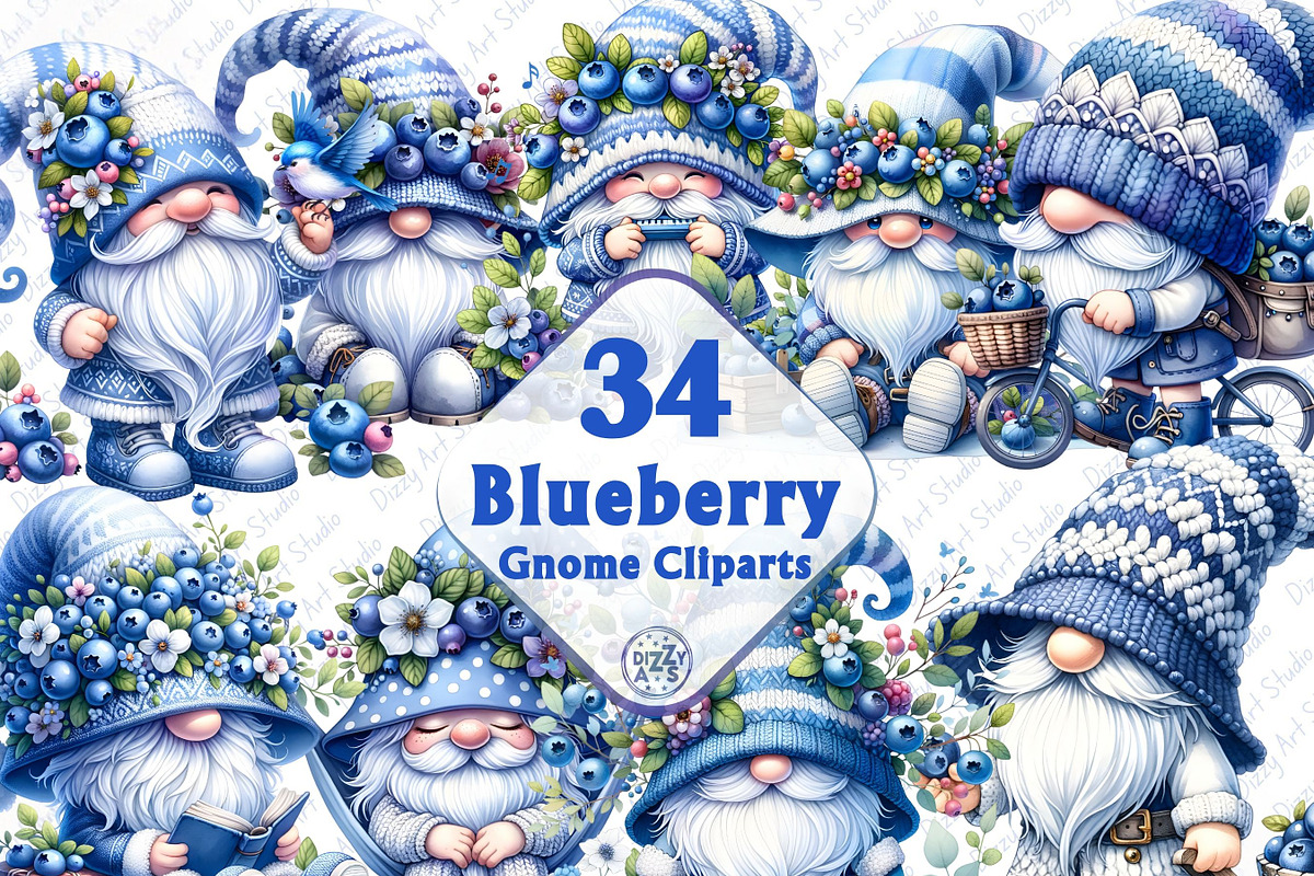 Watercolor Blueberry Gnome Cliparts, a Decorative Illustration by Dizzy ...