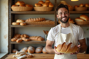 Smiling man baker holding a loaf of, a Food & Drink Photo by angellodeco