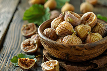 Dried figs fruit in bowl on wooden table, a Food & Drink Photo by AlyaAnd