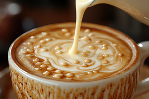 Creamy latte art swirls in a beautif, a Photo by Tanuart