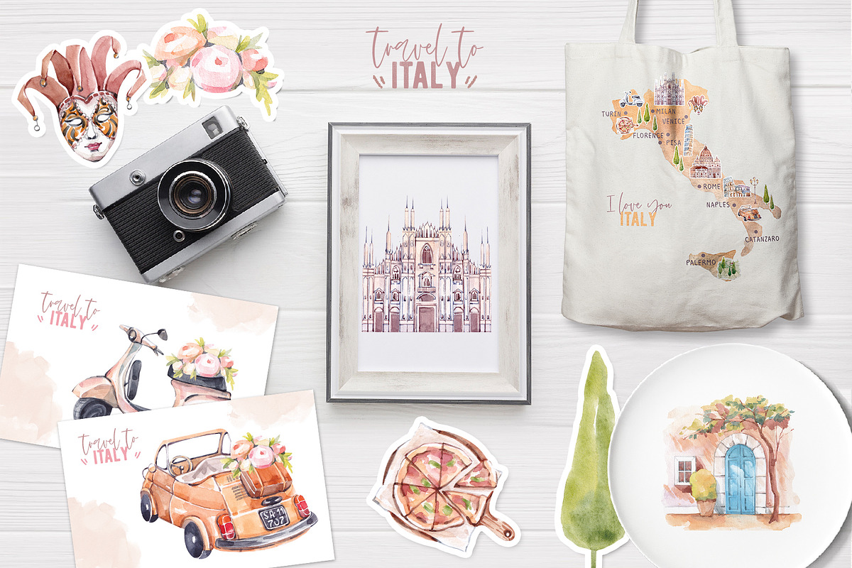 Travel to Italy. Watercolor Clipart, an Illustration by VerAna (Photo 10 of 11)