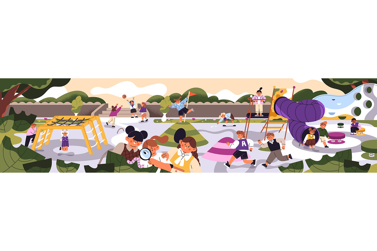 Happy kids have fun on playground, a Person Illustration by PaperTrident