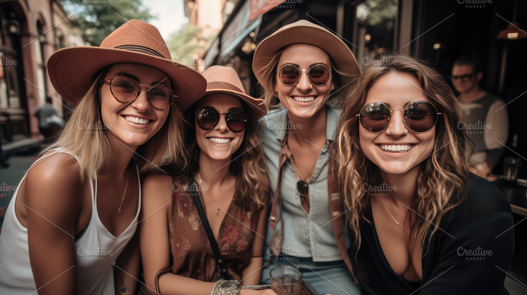 Smiling friends wearing hats and sun, a Person Photo by Perpis