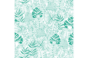 Vector green tropical leaves summer hawaiian seamless pattern with tropical green plants and leaves on navy blue background. Great for vacation themed fabric, wallpaper, packaging.