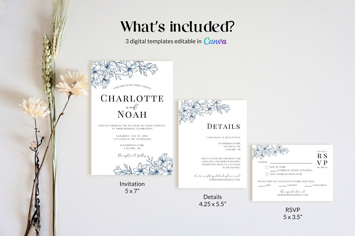 Navy Floral Wedding Invite Templates, an Invitation Template by Cottontail Paper Shop (Photo 4 of 7)