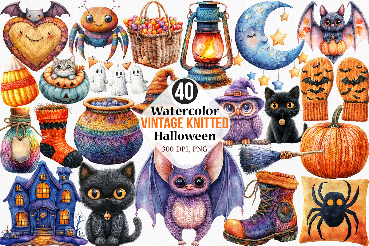 Watercolor Vintage Knitted Halloween, an Illustration by Canvas Craft