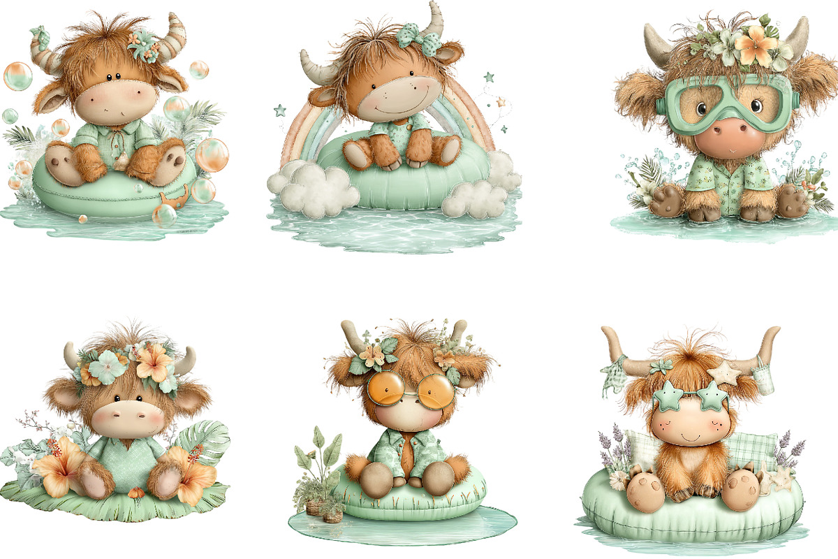 Pool Day Highland Cow Clipart, a Seasonal Illustration by CreationArt (Photo 2 of 5)