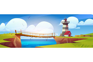 Coastal rope bridge connect cliffs, an Illustration by art PVP - market