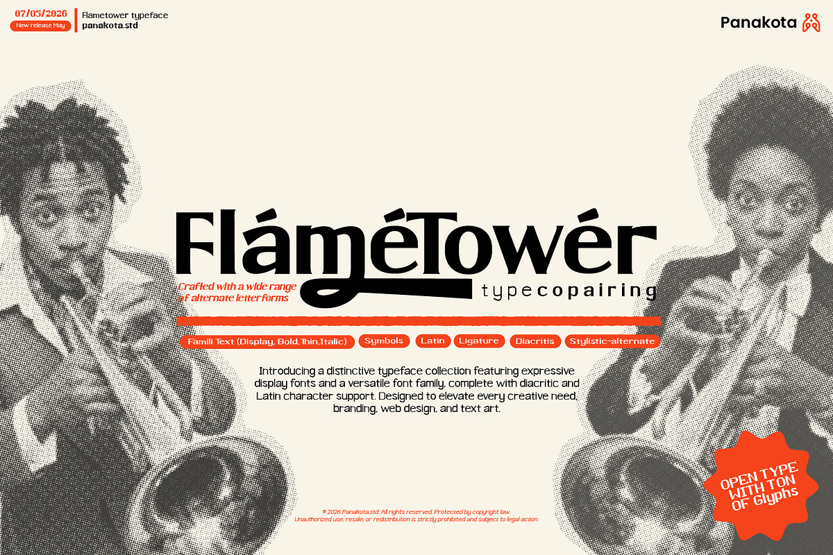 FLAMETOWER FAMILY TYPEFACE & DISPLAY, a Sans Serif Font by panakota studio (Photo 1 of 8)