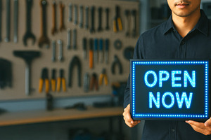 Small business owner holding open si, a Photo by Dvoevnore photos