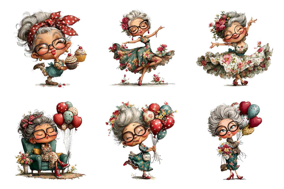 Whimsical old lady birthday clipart, an Illustration by SinaCreation (Photo 4 of 11)