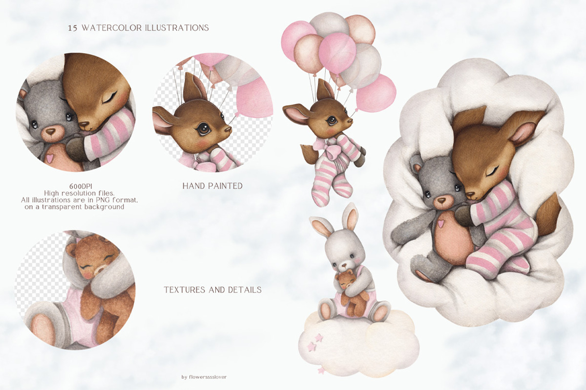 Watercolor Cute Set In The Sky, an Animal Illustration by ViktoriyaD (Photo 3 of 12)