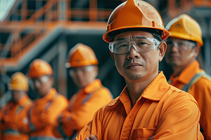 Portrait of workers in helmet and safety vest standing on blurred building back, a Photo by AlyaAnd