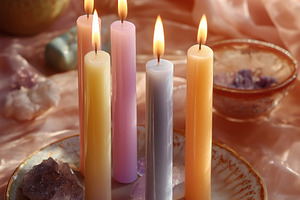 Serene Candle Arrangement: Warm Glow of Pastel Colored Candles with Crystals fo, an Arts & Entertainment Photo by Ocean Digital Art
