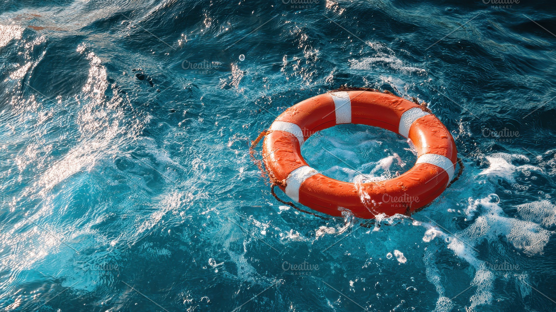 Bright orange life ring floating, a Photo by Pavel_design
