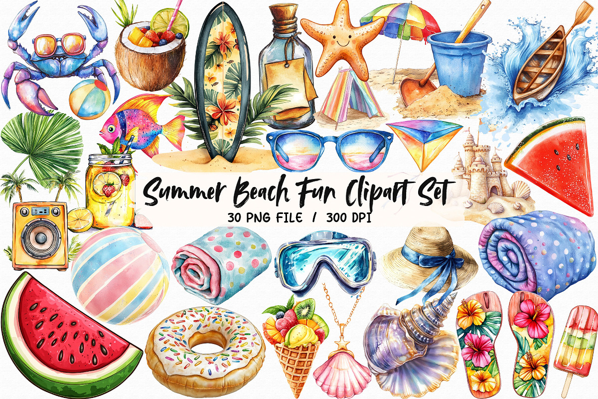 Summer Beach Fun Clipart Set, an Illustration by Libby Wishes (Photo 1 of 6)