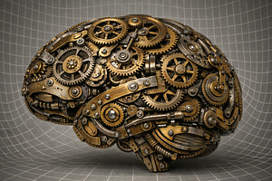 Mechanical brain with intricate gear, a Photo by Dvoevnore photos