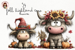 Fall Highland Cow PNG Clipart Bundle, an Animal Illustration by Nicolle's Colorful Art