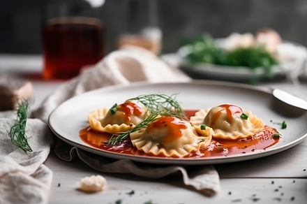Ravioli stuffed with tomato sauce, basil and Parmesan cheese, pr