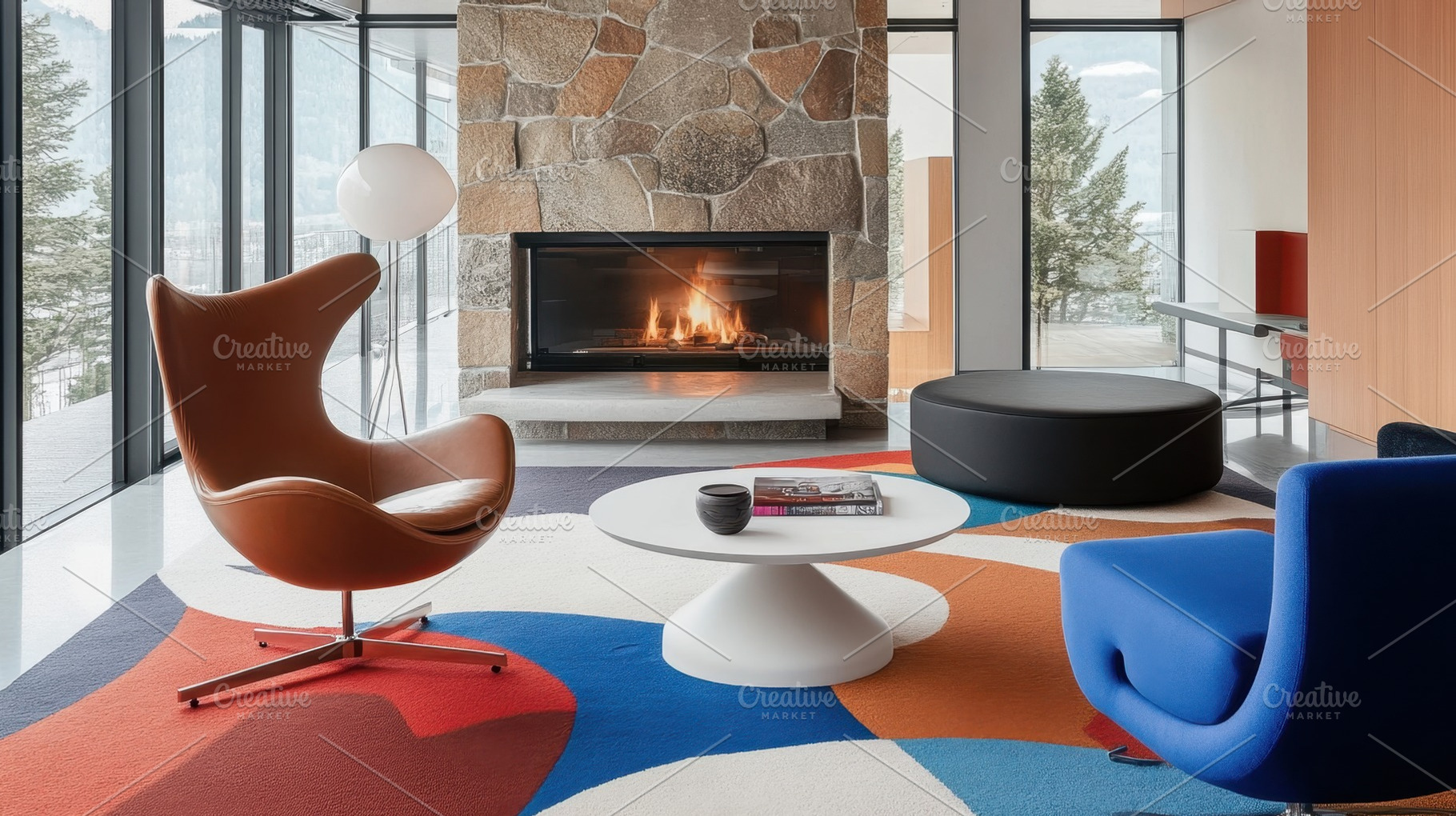Cozy modern living room with fire, a Photo by Beautiful things