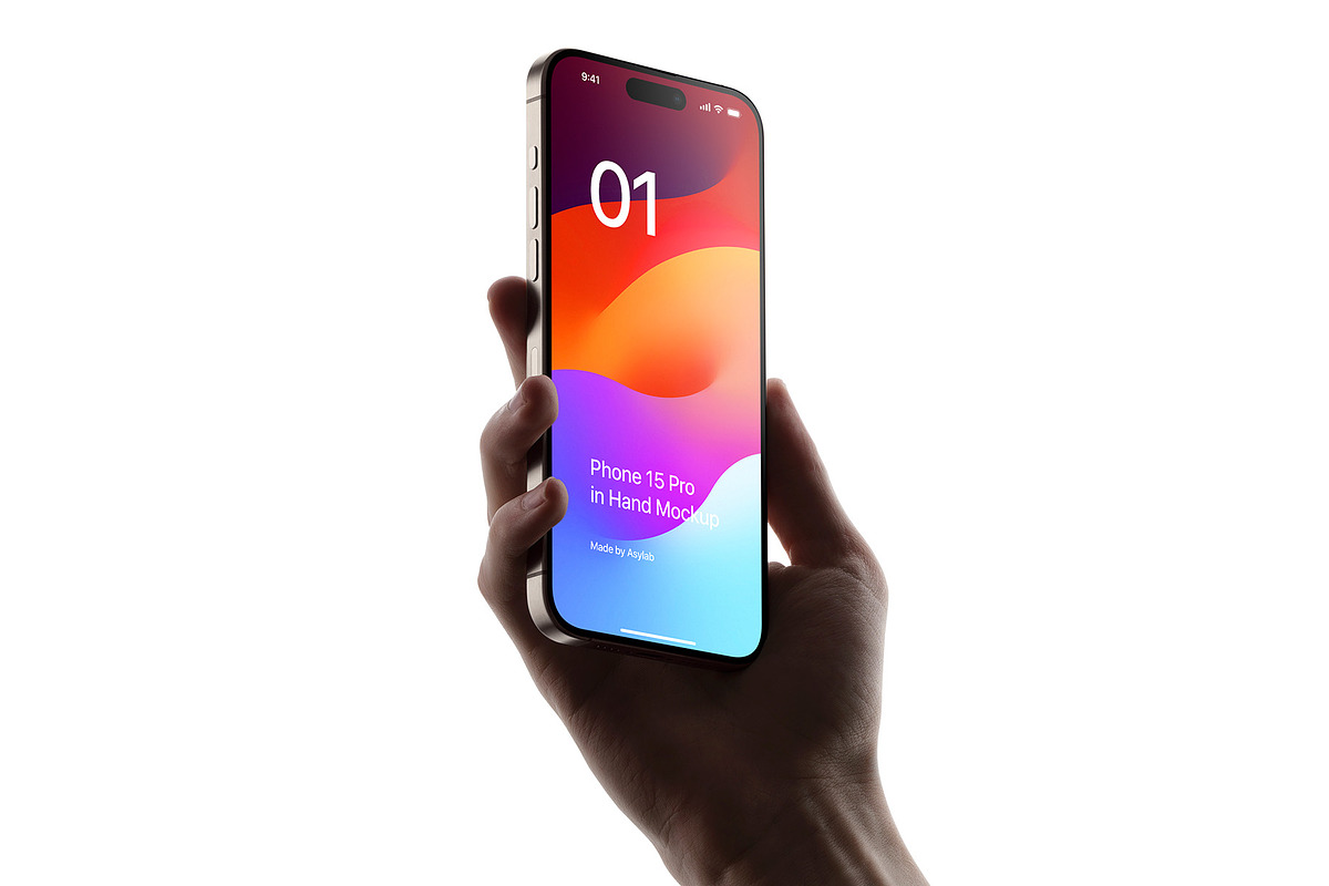 Phone 15 Pro Mockup in Hand, an iPhone Mockup by Asylab (Photo 1 of 4)