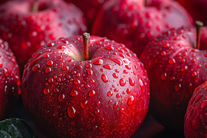 Fresh, vibrant red apples glisten with dew, showcasing their nat, a Food & Drink Photo by ImageMir