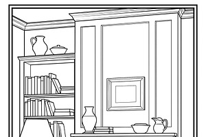 Cozy living room interior with armchair, bookshelf, fireplace, a, an Illustration by Studio ANNA