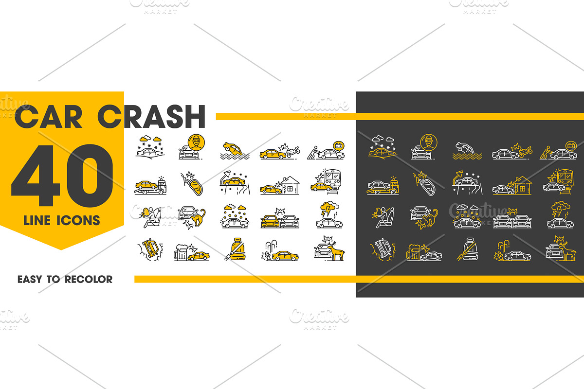 Car crash line icons, traffic, a Transportation Illustration by Vector Tradition