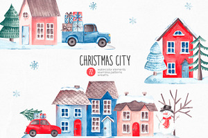 Watercolor Christmas City Clipart