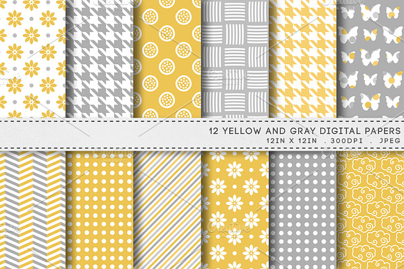 12 Yellow Gray Digital Papers preview 2