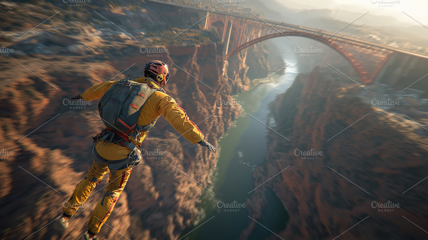 Extreme BASE Jumping Over Canyon with Bridge in Focused Adventure Landscape, a Sports & Recreation Photo by Ocean Digital Art