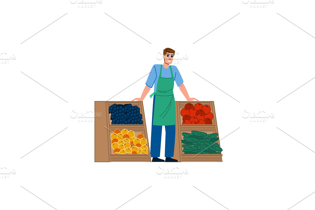 Greengrocer working at fruit and, a Food Illustration by pikepicture