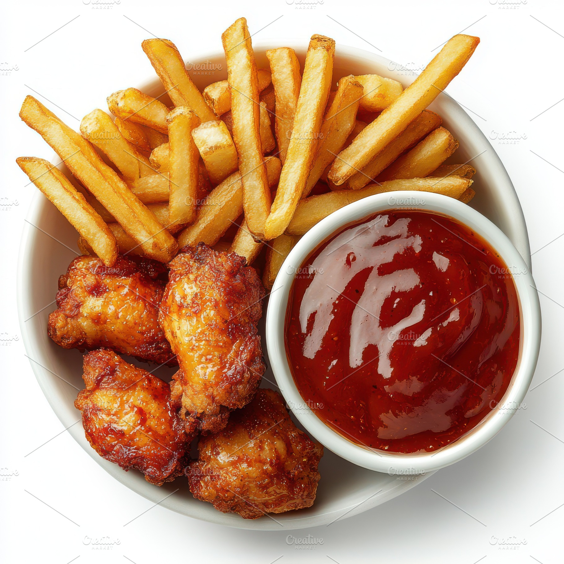 Fried chicken with fries and ketchup, a Food & Drink Photo by Pixeness Studio