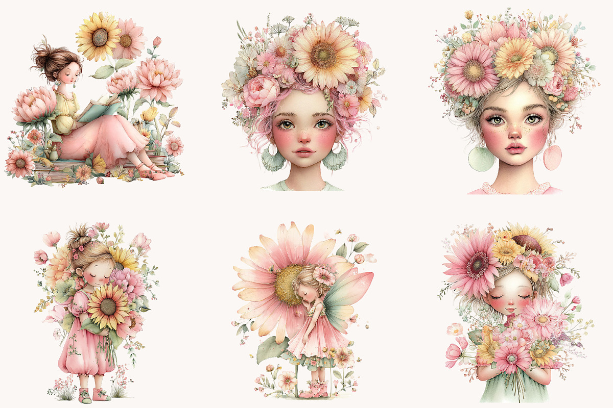 Whimsical sunflower garden girl, an Illustration by Designworld (Photo 4 of 9)