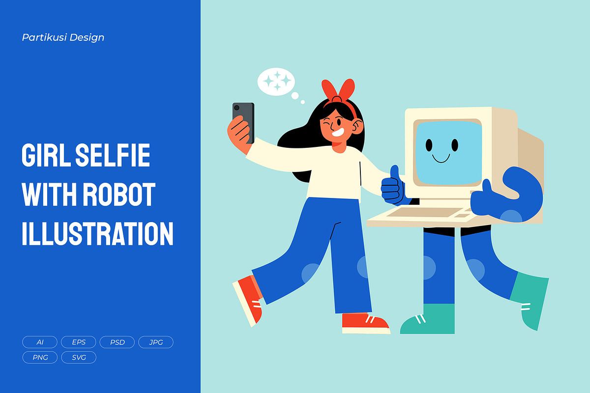 Girl Selfie with Robot Illustration, a Technology Illustration by Partikusi Design (Photo 1 of 3)